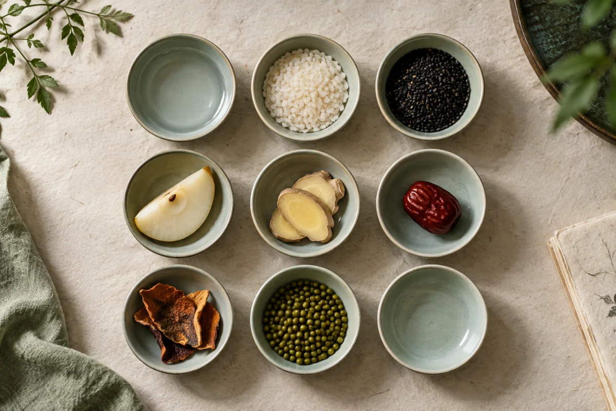 Nine ceramic dishes arranged in a grid to suggest nine distinct categories