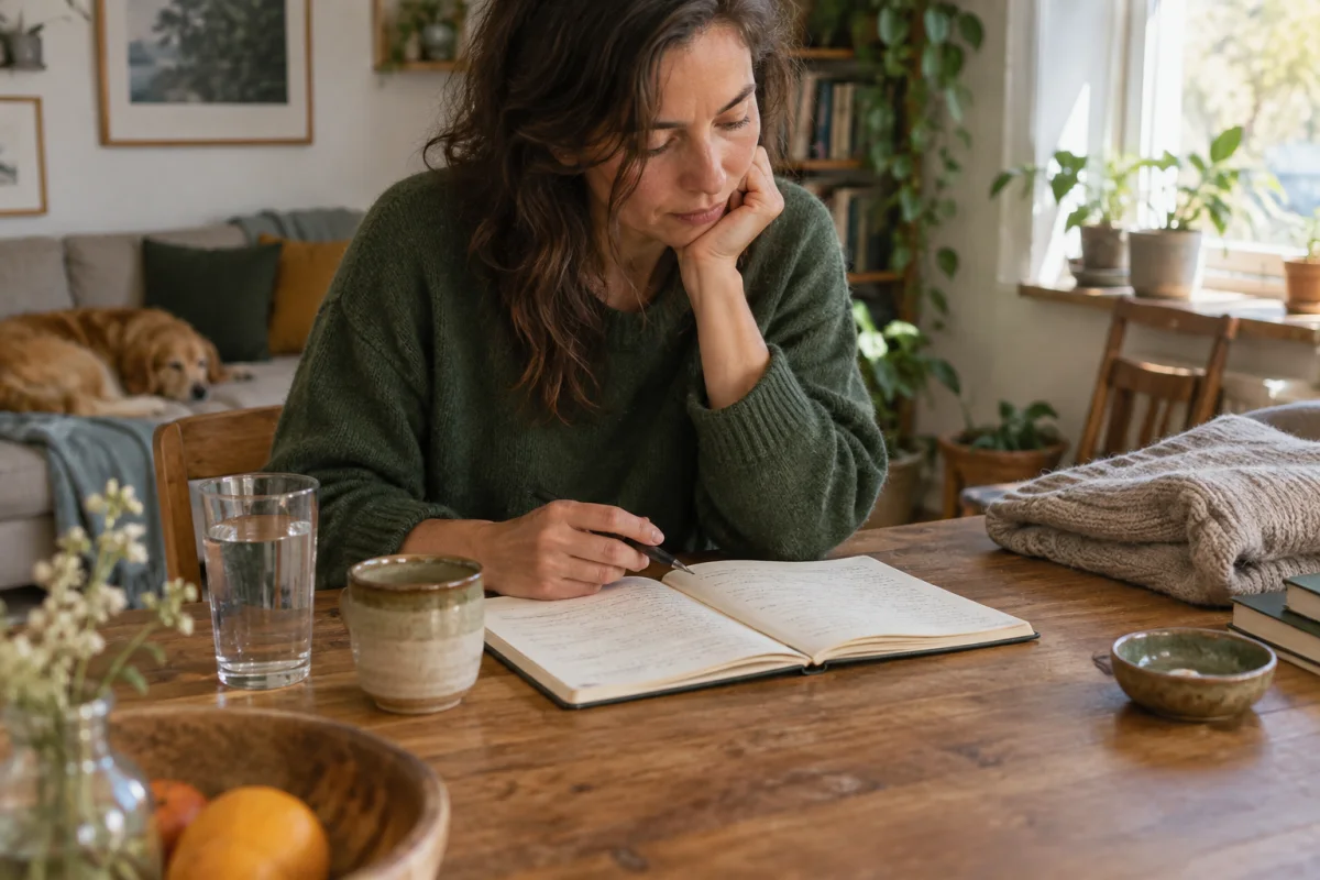 A person reflecting on everyday health patterns in a notebook